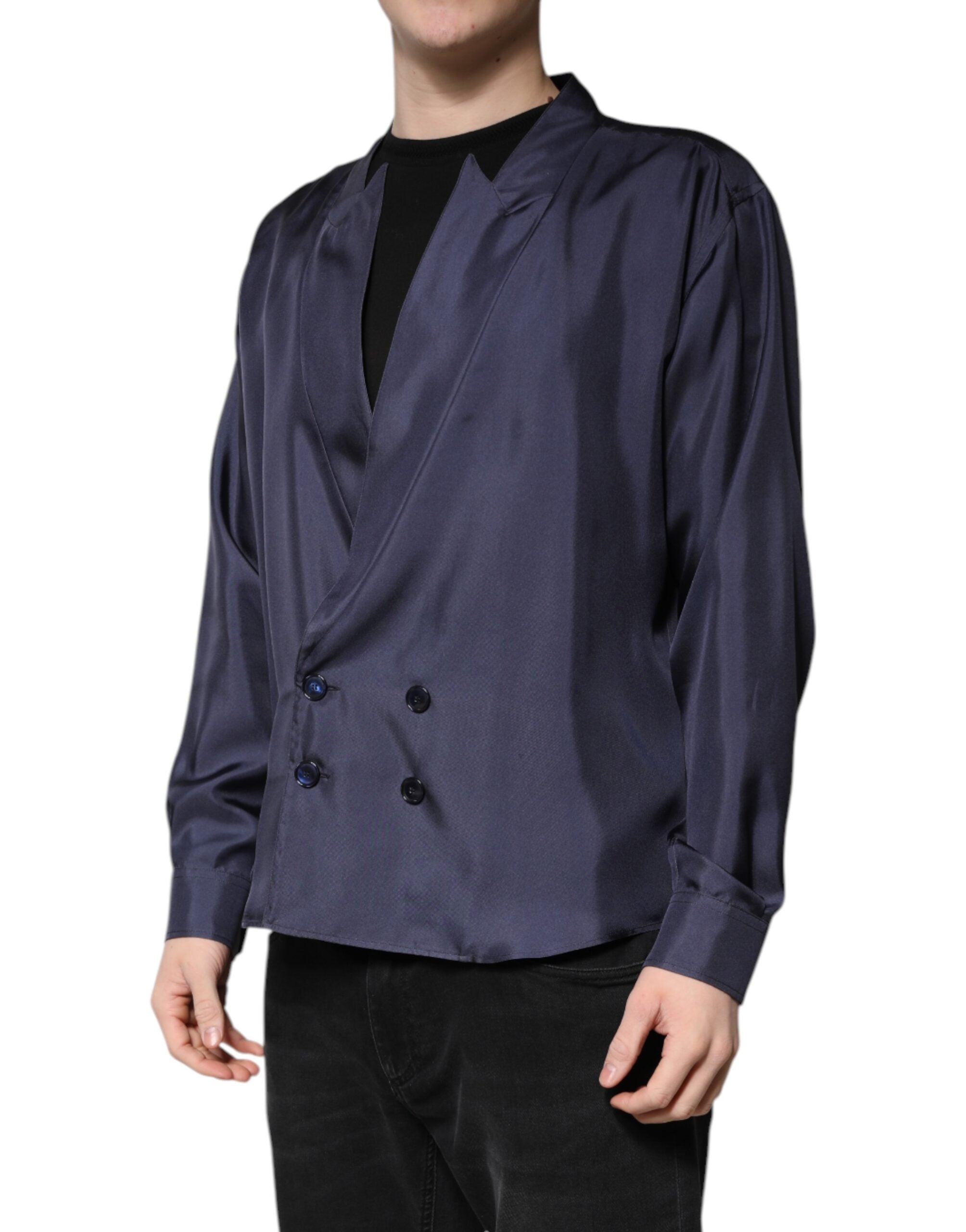 Dolce & Gabbana dark blue silk shirt in double-breasted look